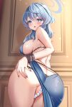  1girl absurdres ako_(blue_archive) ako_(dress)_(blue_archive) ass bare_arms bare_shoulders black_panties blue_archive blue_dress blue_eyes blue_hair blue_halo blush breasts commentary_request dress from_behind halo highres katsushika_pachi large_breasts looking_at_viewer looking_back medium_hair official_alternate_costume open_mouth panties purple_nails solo tearing_up underwear 