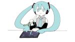  1girl aqua_eyes aqua_hair aqua_nails aqua_necktie black_sleeves commentary_request detached_sleeves grey_shirt hatsune_miku headphones headset highres iyowa_(igusuri_please) long_hair necktie playing_games project_sekai shirt solo spring_onion tablet_pc twintails very_long_hair white_background 