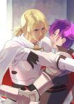  1boy 1girl against_wall blonde_hair catherine_(fire_emblem) clenched_teeth dark-skinned_female dark_skin fire_emblem fire_emblem:_three_houses fire_emblem_warriors:_three_hopes nervous outstretched_arm ponytail purple_eyes purple_hair riou_(pooh920) shez_(fire_emblem) shez_(male)_(fire_emblem) smile teeth you_gonna_get_raped 