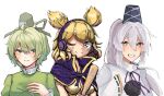  3girls ;) artist_request brown_eyes brown_hair closed_mouth collaboration commentary_request cross-laced_clothes earmuffs green_hair grey_eyes grey_hair hat mononobe_no_futo multiple_girls one_eye_closed pom_pom_(clothes) ponytail ribbon-trimmed_sleeves ribbon_trim ritual_baton shionoe short_hair simple_background smile soga_no_tojiko takana_(forsterite) tate_eboshi touhou toyosatomimi_no_miko upper_body white_background 