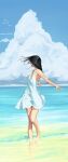  1girl barefoot beach bird black_hair blue_sky cloud cloudy_sky commentary day dress english_commentary facing_to_the_side highres horizon long_hair ocean original outdoors outstretched_arms shore sky solo standing standing_on_one_leg sundress sunlight tbocart twisted_torso wading water white_dress 
