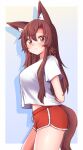  1girl :&lt; animal_ear_fluff animal_ears blush breasts brown_eyes brown_hair commentary cowboy_shot drop_shadow imaizumi_kagerou large_breasts long_hair looking_at_viewer red_shorts shirt short_shorts short_sleeves shorts solo standing tail thighs touhou very_long_hair white_shirt wolf_ears wolf_tail wool_(miwol) 