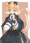 1girl andou_yuna animal_ear_fluff animal_ears arknights black_dress black_gloves black_headwear black_necktie blonde_hair blush border brown_background brown_tail cat_ears cat_girl cat_tail collared_dress collared_shirt commentary_request commission cowboy_shot dress embarrassed eyes_visible_through_hair fang fingerless_gloves fingernails frilled_sleeves frills gloves green_eyes hand_on_own_chest hat jpeg_artifacts long_fingernails long_sleeves looking_at_viewer mousse_(arknights) multicolored_hair multiple_tails necktie open_mouth outside_border sharp_fingernails shirt short_hair skeb_commission slit_pupils solo spoken_blush standing streaked_hair tail tail_raised two_tails wavy_mouth white_border white_hair white_shirt wide_sleeves 