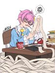  accounting blouse blue_shirt book buttons calculator commentary cup doing_taxes english_commentary eyeball frilled_shirt_collar frills glasses hair_ornament hairband heart heart_button heart_hair_ornament heart_of_string heart_print highres komeiji_satori mefomefo mug numbered papers pen pink_eyes pink_hair shirt spoon squiggle table third_eye thought_bubble touhou utensil_in_mouth wide_sleeves wooden_chair wooden_table 