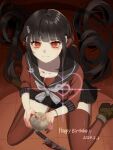  1girl black_hair black_sailor_collar black_skirt blood blood_on_hands brown_footwear danganronpa_(series) danganronpa_v3:_killing_harmony dated hair_ornament hair_scrunchie hairclip happy_birthday harukawa_maki highres knife looking_at_viewer looking_up me_a_(r_party428) miniskirt mole mole_under_eye plaid plaid_skirt pleated_skirt red_eyes red_scrunchie red_thighhighs sailor_collar scrunchie skirt tears thighhighs tile_floor tiles zettai_ryouiki 