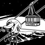  1girl blunt_bangs bow bowtie cable_car cevio chibi closed_mouth commentary_request expressionless feet_out_of_frame floating_hair greyscale hand_on_own_hip jacket long_hair long_sleeves lowres monochrome moyasiwhite natsuki_karin night open_clothes open_jacket otaru_(hokkaido) outdoors pleated_skirt profile real_world_location romaji_text second-party_source shirt_tucked_in skirt sky solo standing star_(sky) starry_sky synthesizer_v thighhighs twintails wind 