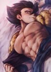  1boy abs bara bare_pectorals belt black_belt black_hair black_vest closed_mouth dragon_ball dragon_ball_super dragon_ball_super_broly gogeta gureshi_db highres large_pectorals looking_at_viewer lying male_focus metamoran_vest muscular muscular_male navel nipples on_back open_clothes open_vest pants pectorals short_hair solo spiked_hair vest white_pants wristband 