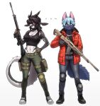 2024 absurd_res anthro battle_rifle belt black_hair blue_hair boots bottomwear breasts canid canine chabett clothing collarbone crop_top dragon duo eyebrows eyelashes female fn_fal footwear fur furred_dragon glistening gloves green_eyes gun_holster hair handwear hcar hi_res horn jacket knee_pads looking_at_viewer mammal midriff navel pants pgm300 pouches red_eyes shirt shoes short_hair topwear white_body