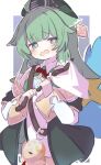 1girl ahoge animal_ears blush border bow chinese_clothes collared_shirt cowboy_shot detached_sleeves earrings flag fox_ears fox_tail green_eyes green_hair hat highres holding holding_flag honkai:_star_rail honkai_(series) huohuo_(honkai:_star_rail) inaririn jewelry long_sleeves medium_hair open_mouth outside_border paw-shaped_pupils red_bow shirt single_earring solo tail tail_(honkai:_star_rail) tearing_up wavy_mouth white_border white_flag yin_yang 