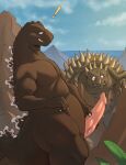 anguirus being_watched erection genitals godzilla godzilla_(series) hi_res island kaiju looking_at_another masturbation monster oriont penis toho