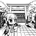  1girl alternate_costume architecture blunt_bangs cevio chibi commentary_request east_asian_architecture feet_out_of_frame greyscale hakama japanese_clothes kimono long_hair long_sleeves looking_ahead lowres miko monochrome moyasiwhite natsuki_karin otaru_(hokkaido) outdoors outline parted_lips raised_eyebrow real_world_location second-party_source shadow shrine solo stairs standing stone_lantern synthesizer_v tree twintails 