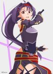  1girl absurdres ahoge armor breastplate covered_navel fairy_(sao) fingerless_gloves gloves hairband highres holding holding_sword holding_weapon kizu-kun long_hair looking_at_viewer obsidian_slasher open_mouth pointy_ears purple_gloves purple_hair red_eyes red_hairband solo sword sword_art_online teeth twitter_username upper_teeth_only very_long_hair weapon yuuki_(sao) 