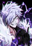  1boy add_(elsword) arm_tattoo black_background black_gloves chest_tattoo chromatic_aberration doom_bringer_(elsword) electricity elsword evil_grin evil_smile facial_mark fur_trim gloves grin hair_over_one_eye highres jacket jewelry kas2a_rr looking_at_viewer male_focus middle_finger necklace purple_eyes purple_shirt scar scar_on_neck shirt smile solo tattoo teeth upper_body white_hair 