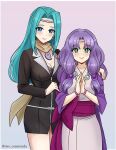  2girls ace_attorney aqua_hair bead_necklace beads blue_eyes breasts circlet cleavage commission cosplay english_commentary facing_viewer fiora_(fire_emblem) fire_emblem fire_emblem:_the_blazing_blade florina_(fire_emblem) green_eyes japanese_clothes jewelry long_hair looking_at_viewer magatama magatama_necklace maya_fey maya_fey_(cosplay) medium_breasts mia_fey mia_fey_(cosplay) multiple_girls necklace own_hands_together phoenix_wright:_ace_attorney prayer_beads rein_creamsoda scarf siblings sisters smile straight-on 