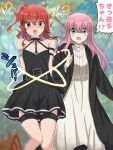  !? 2girls :d arm_strap armlet belt belt_buckle black_dress black_robe blue_eyes blurry blurry_background blush bocchi_the_rock! buckle choker commentary_request cosplay cowboy_shot d: dress fern_(sousou_no_frieren) fern_(sousou_no_frieren)_(cosplay) gotoh_hitori highres kita_ikuyo multiple_girls o-ring o-ring_choker pink_hair red_hair restrained robe ryuhirohumi scene_reference side_ponytail smile sound_effects sousou_no_frieren speech_bubble thigh_strap translated ubel_(sousou_no_frieren) ubel_(sousou_no_frieren)_(cosplay) voice_actor_connection white_dress yellow_eyes 