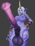  1girl 3d 3sdice animal_penis breasts choker furry furry_female futanari gloves grey_background hand_on_own_hip horns horse_penis large_penis league_of_legends nipples penis pointy_ears single_horn soraka_(league_of_legends) tattoo testicles white_hair yellow_eyes 