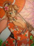 absurd_res anthro asian_clothing bovid bovine breasts cattle chalo cherry_blossom clothing east_asian_clothing female furry hi_res japan japanese_clothing kimono mammal mora mtapartstuff plant traditional_media_(artwork) umbrella