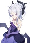  1girl black_horns black_wings blue_archive blush breasts closed_mouth collarbone deatheach demon_horns demon_wings dress elbow_gloves gloves grey_hair highres hina_(blue_archive) hina_(dress)_(blue_archive) horns long_hair looking_at_viewer multiple_horns purple_dress purple_eyes purple_gloves simple_background small_breasts smile solo strapless strapless_dress white_background wings 