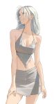  1girl absurdres arm_at_side arms_at_sides bare_arms bare_shoulders breasts camisole cleavage collarbone commentary contrapposto cowboy_shot crop_top english_commentary green_eyes grey_camisole grey_skirt hand_on_own_leg highres light_smile long_hair medium_breasts midriff miniskirt nape navel original sidelocks simple_background skirt solo standing tbocart turning_head white_background white_hair 