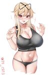  1girl alternate_breast_size blonde_hair blush bra breasts cleavage collarbone cowboy_shot grey_bra grey_panties hair_flaps hair_ornament hair_ribbon hairclip highres kantai_collection large_breasts legs_together long_hair looking_at_viewer navel panties red_eyes ribbon simple_background smile solo sports_bra tf_cafe twitter_username underwear underwear_only white_background yuudachi_(kancolle) yuudachi_kai_ni_(kancolle) 