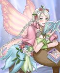  1girl absurdres ahoge belt blue_eyes book book_stack braid butterfly_wings capelet commission commissioner_upload fairy fairy_wings fire_emblem fire_emblem_fates fire_emblem_heroes flower_bracelet fujoshi gradient_clothes green_bracelet grey_hair hair_vines highres holding holding_book insect_wings kousetu0506 leaf_bracelet leaning_on_table long_hair low_twin_braids low_twintails nina_(fire_emblem) nina_(resplendent)_(fire_emblem) non-web_source official_alternate_costume open_mouth parted_bangs pink_capelet skeb_commission solo table twin_braids twintails vine_belt vine_print wings 
