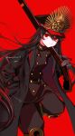  1girl artist_name black_coat black_hair buttons cape coat collared_cape family_crest fate/grand_order fate_(series) gun hat highres long_hair looking_at_viewer medallion military_hat musket oda_nobunaga_(fate) oda_uri peaked_cap red_background red_eyes red_theme solo twitter_username very_long_hair weapon yui_(tamagohan) 