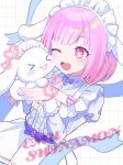 &gt;_&lt; +_+ 1girl alternate_costume animal animal_ears apron blue_dress character_name cinnamoroll dog dog_ears dress frilled_apron frills hashtag_only_commentary heart highres holding holding_animal long_sleeves one_eye_closed ootori_emu open_mouth pink_eyes pink_hair project_sekai sanrio tile_background tte_wake!? white_background 