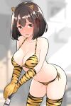  1girl alternate_costume animal_print bare_shoulders bikini blurry blurry_background blush breasts brown_eyes brown_hair cleavage commentary_request cowboy_shot elbow_gloves fake_horns furaggu_(frag_0416) gloves haguro_(kancolle) hair_ornament highres horns kantai_collection large_breasts looking_at_viewer navel one-hour_drawing_challenge open_mouth side-tie_bikini_bottom solo swimsuit thighhighs tiger_print 