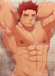  1boy abbbby_28 abs bara blue_eyes boku_no_hero_academia closed_mouth completely_nude endeavor_(boku_no_hero_academia) highres large_pectorals looking_at_viewer male_focus muscular muscular_male navel nipples nude pectorals red_hair short_hair solo sweat upper_body 