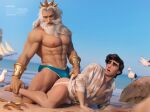  2boys abs appas ass bara beach beard blue_male_swimwear blush bulge collared_shirt day eric_(disney) facial_hair highres holding_another&#039;s_leg imminent_anal imminent_penetration jockstrap king_triton_(disney) large_pectorals long_hair male_focus male_swimwear male_underwear male_underwear_pull mature_male multiple_boys muscular muscular_male navel nipples open_mouth outdoors pectorals polearm sand see-through shirt short_hair sky smile the_little_mermaid thick_thighs thighs trident underwear weapon wet wet_clothes wet_shirt white_hair white_male_underwear white_shirt yaoi 