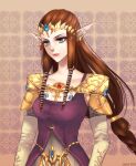  1girl armor bad_deviantart_id bad_id blue_eyes braid breasts brown_hair circlet cleavage commentary dress earrings english_commentary jewelry leirix lips long_hair medium_breasts pointy_ears princess_zelda shoulder_pads solo the_legend_of_zelda the_legend_of_zelda:_twilight_princess 