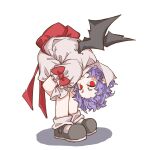  1girl bat_wings bent_over blush bow english_commentary ezier frown full_body grey_shirt grey_shorts highres hugging_own_legs looking_at_viewer loose_socks mary_janes purple_hair red_bow red_eyes remilia_scarlet shadow shirt shoes short_hair shorts simple_background sleeve_bow slit_pupils socks solo touhou waist_bow white_background wings 