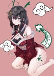  1girl absurdres bare_shoulders blue_eyes braid breasts chinese_zodiac cleavage_cutout clothing_cutout commentary dragon_tail hair_flaps hair_ornament hairpin highres japanese_clothes kantai_collection kimono kokutou_(goto123kokutoh) large_breasts long_hair open_mouth red_kimono shigure_(kancolle) shigure_kai_ni_(kancolle) simple_background smile solo tail whorled_clouds year_of_the_dragon 