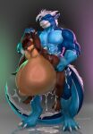 anthro blue_body bodily_fluids bulge cum cum_inflation dragon duo excessive_cum excessive_genital_fluids genital_fluids hair hi_res inflation leg_grab male mammal muscular muscular_anthro muscular_male mustelid nighdruth_(character) otter purga_12 sex size_difference standing standing_sex white_hair