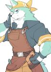 alder_(cuisineer) anthro apron blue_eyes bodily_fluids canid canine clothing cuisineer looking_at_viewer male mammal muscular muscular_male shoko_contane simple_background solo sweat