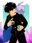  1boy bag black_eyes black_hair black_pants closed_eyes commentary creature creature_on_shoulder crossover english_commentary friend_ball gakuran goomy grid_background highres holding holding_poke_ball kageyama_shigeo long_sleeves male_focus mob_psycho_100 on_shoulder open_mouth pants poke_ball pokemon pokemon_(creature) school_bag school_uniform short_hair smile standing yescilantro 