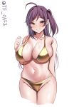  1girl ahoge bikini blush breasts collarbone gold_bikini hagikaze_(kancolle) highres kantai_collection large_breasts long_hair looking_at_viewer navel one_side_up purple_hair shiny_swimsuit simple_background smile solo swimsuit tf_cafe twitter_username white_background yellow_eyes 
