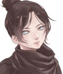  1girl animification apex_legends black_hair black_scarf black_shirt blue_eyes hair_behind_ear hair_bun jun_(junxjunx) looking_ahead looking_up parted_lips portrait scarf shirt simple_background single_hair_bun solo white_background wraith_(apex_legends) 