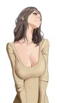 1girl breasts breasts_squeezed_together brown_eyes brown_hair cleavage commentary cowboy_shot english_commentary hair_over_shoulder head_tilt highres huge_breasts long_hair looking_up original ribbed_sweater shiny_skin simple_background smile solo sweater tbocart upper_body white_background 