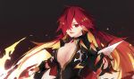  1girl breasts choker cleavage earrings elesis_(elsword) elsword fiery_hair fire flame_lord_(elsword) gloves hair_over_one_eye highres holding jewelry large_breasts long_hair looking_at_viewer multicolored_hair open_mouth red_eyes red_hair shiliuye_feiyu smile solo sword upper_body weapon zipper 