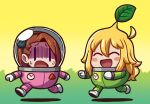  2girls ahoge blonde_hair brown_hair chasing chibi closed_eyes helmet highres hoshii_miki idolmaster idolmaster_million_live! jumpsuit leaf long_hair minase_iori multiple_girls open_mouth parody pikmin_(series) riyo_(lyomsnpmp) running smile space_helmet spacesuit 