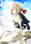  1girl bird blonde_hair blue_shirt flying_paper fujimoto_mame green_eyes hair_bun highres medium_hair paper profile red_ribbon ribbon shirt skirt sky solo twitter_username violet_evergarden violet_evergarden_(series) white_skirt 