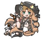  1girl animal_ear_fluff animal_ears arknights banbon black_headwear black_one-piece_swimsuit braid casual_one-piece_swimsuit chibi drill_hair drill_sidelocks ears_through_headwear full_body green_eyes hat knees_up long_hair looking_at_viewer one-piece_swimsuit open_mouth orange_hair sandals sidelocks simple_background smile solo swimsuit swimsuit_cover-up swire_(arknights) swire_the_elegant_wit_(arknights) tail tiger_ears tiger_girl tiger_tail very_long_hair white_background 