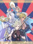  4boys armor bandana blonde_hair blue_eyes cape cecil_harvey chain_necklace cloud_strife commentary_request confetti dissidia_final_fantasy final_fantasy final_fantasy_ii final_fantasy_iv final_fantasy_vii final_fantasy_x firion flute gloves grey_hair headband highres holding holding_flute holding_instrument holding_trumpet holding_violin instrument jewelry long_hair male_focus multiple_boys necklace overalls shirt short_hair shoulder_armor simple_background sleeveless sleeveless_turtleneck spiked_hair sword tambourine tidus trumpet turtleneck violin warori_anne weapon white_hair 