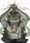 absurd_res anthro ao_gravity athletic athletic_anthro athletic_male bell biped blood blood_splatter bodily_fluids canid canine canis fur grey_body grey_fur hi_res holding_knife holding_object knife male mammal one_eye_closed shirtless_male solo wolf yellow_eyes