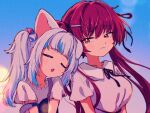  2girls animal_ears blue_hair blush breasts cat_ears closed_eyes collarbone collared_shirt cube_hair_ornament drooling film_grain frilled_shirt frills gawr_gura gawr_gura_(casual) grey_hair hair_intakes hair_ornament hairclip head_on_another&#039;s_shoulder heterochromia hololive hololive_english houshou_marine long_hair mouth_drool multicolored_hair multiple_girls neck_ribbon official_alternate_costume open_mouth red_eyes red_hair ribbon shinkiro_(hololive) shirt short_sleeves side_ponytail sidelocks strap_slip streaked_hair suspenders twintails unya_(unyaunia) virtual_youtuber white_shirt yellow_eyes 
