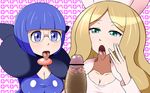  2girls artist_request blush breasts cattleya_(pokemon) censored cleavage elite_four gff glasses multiple_girls penis penis_awe pokemon pokemon_(game) pokemon_black_and_white pokemon_bw pov qlinicx shikimi_(pokemon) smegma 