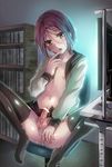  anal_fingering anus blush bookshelf chair crossdressing desk finger_to_mouth finger_to_tongue fingering green_eyes hair_between_eyes knees_up male_focus masturbation monitor mouse_(computer) navel nipples open_clothes open_mouth open_shirt original otoko_no_ko penis purple_hair saliva school_uniform shimaji shirt sidelocks skirt solo spread_legs sweat thighhighs tongue tongue_out 