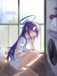  1girl bed black_halo blue_archive blue_eyes blue_hair breasts closed_mouth commentary_request from_side full_body halo head_rest indoors large_breasts long_hair melt_(melt_out1) parted_bangs pout shirt sleeves_rolled_up solo squatting thighs triangle_hair_ornament two_side_up washing_machine white_shirt yuuka_(blue_archive) 