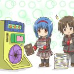  1boy 1girl blue_hair blush book bow brown_eyes brown_hair crossover doraemon hairband highres little_busters! little_busters!_school_uniform marihei64ds naoe_riki nishizono_mio pink_bow plaid school_uniform short_hair skirt thighhighs 